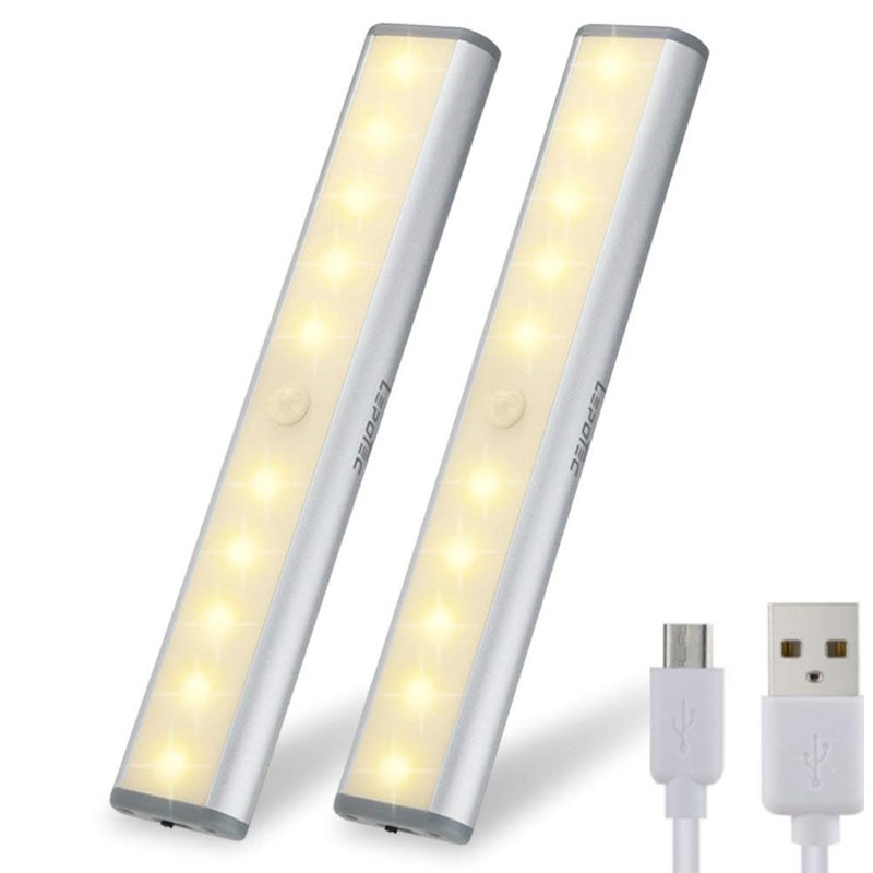LEPOTEC Stick On Cabinet Light,Under Counter Lighting, Motion Sensor, 10 LED Wireless USB Rechargeable Kitchen Battery Operated for Wardrobe,Closets,Cupboard,Warm White-2Pack - Image 1